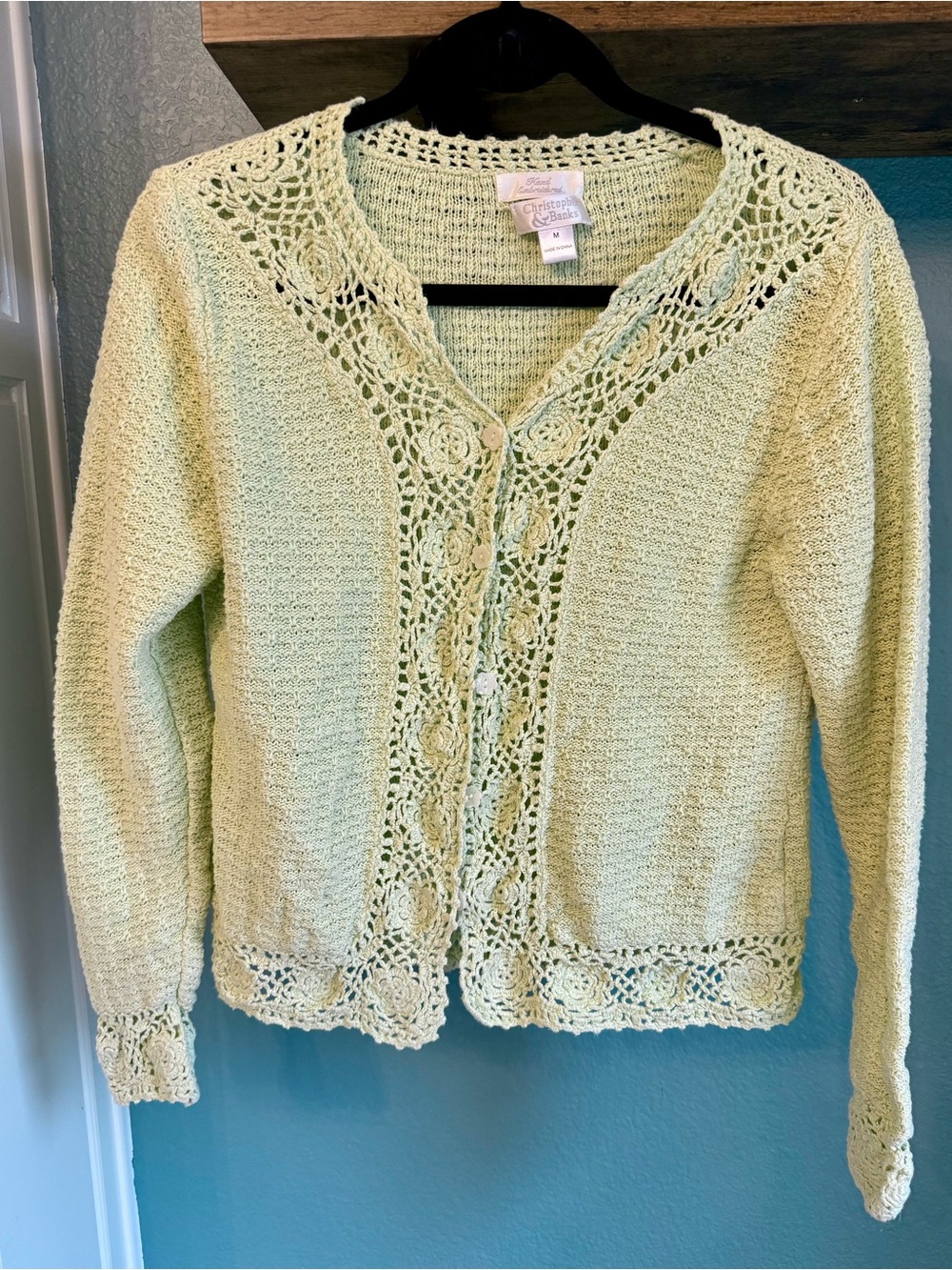 Christopher & Banks Hand Embroidered Crochet Cardigan Mint Green Cottagecore